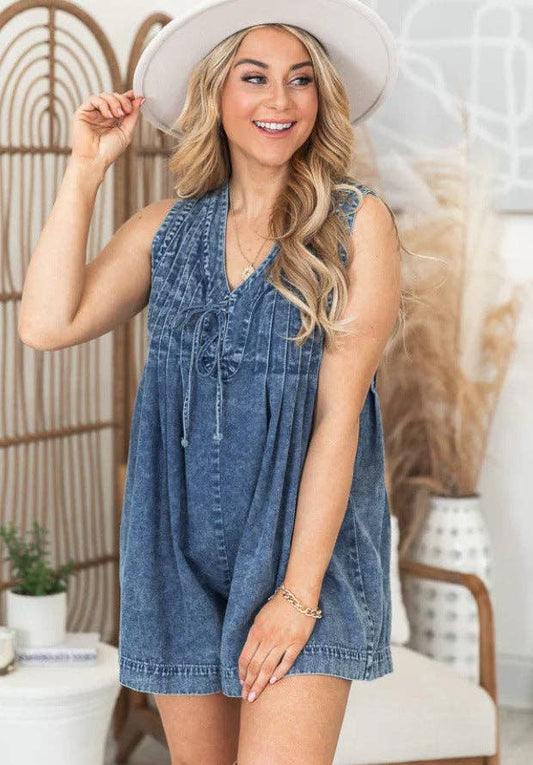 V-Neck Sleeveless Denim Romper