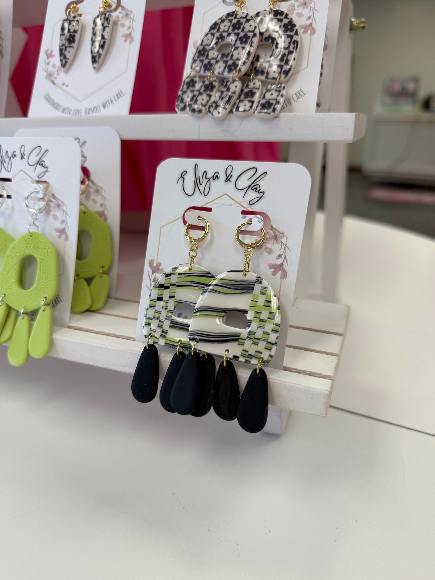 Green Abstract Design with 3 Black Teardrop Earrings