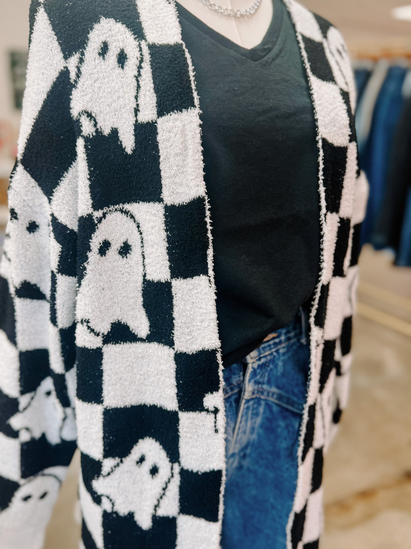 Halloween Ghost & Checkered Cardigan