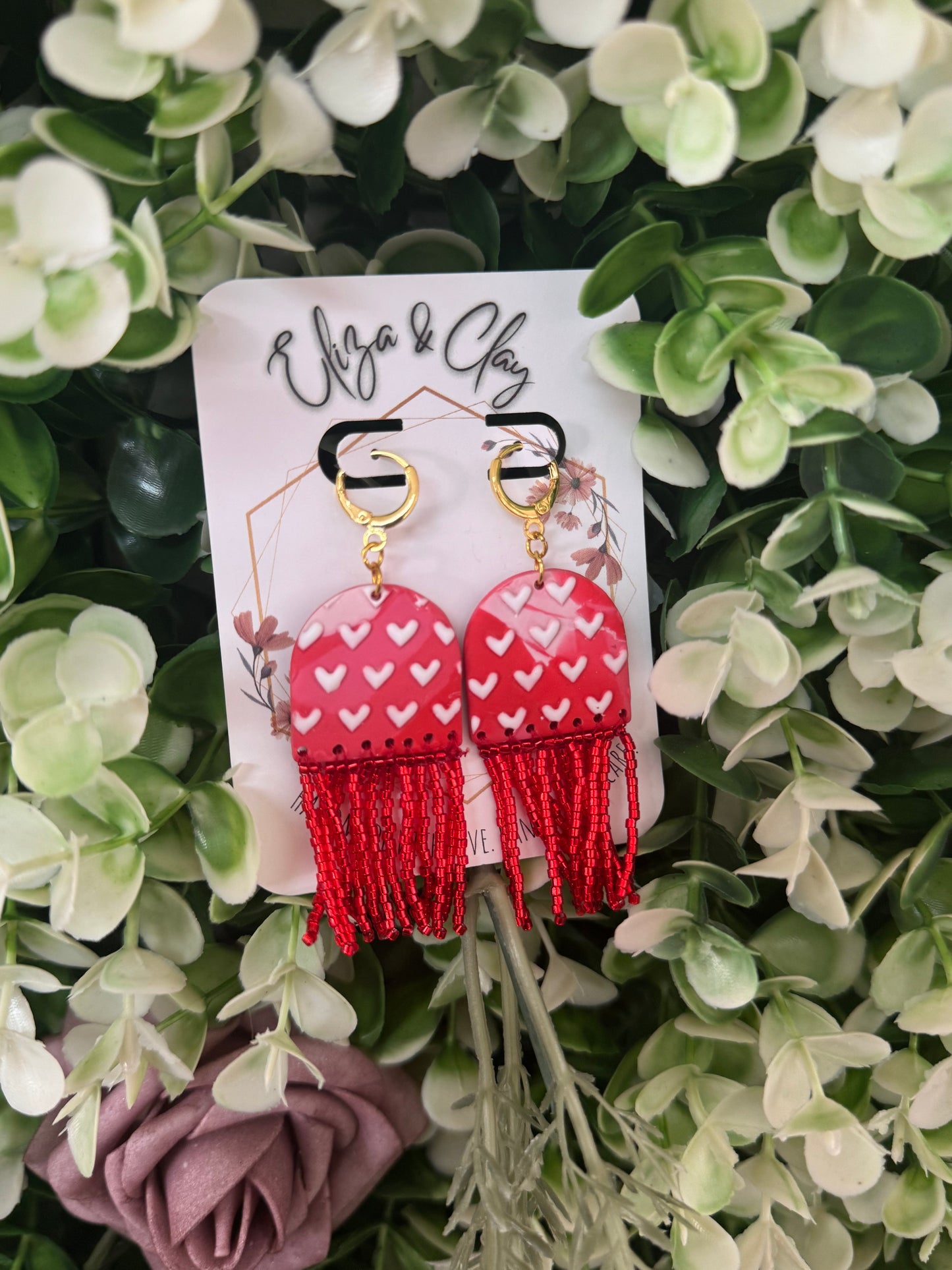 Beaded Fringe Heart Clay Earring Dangles