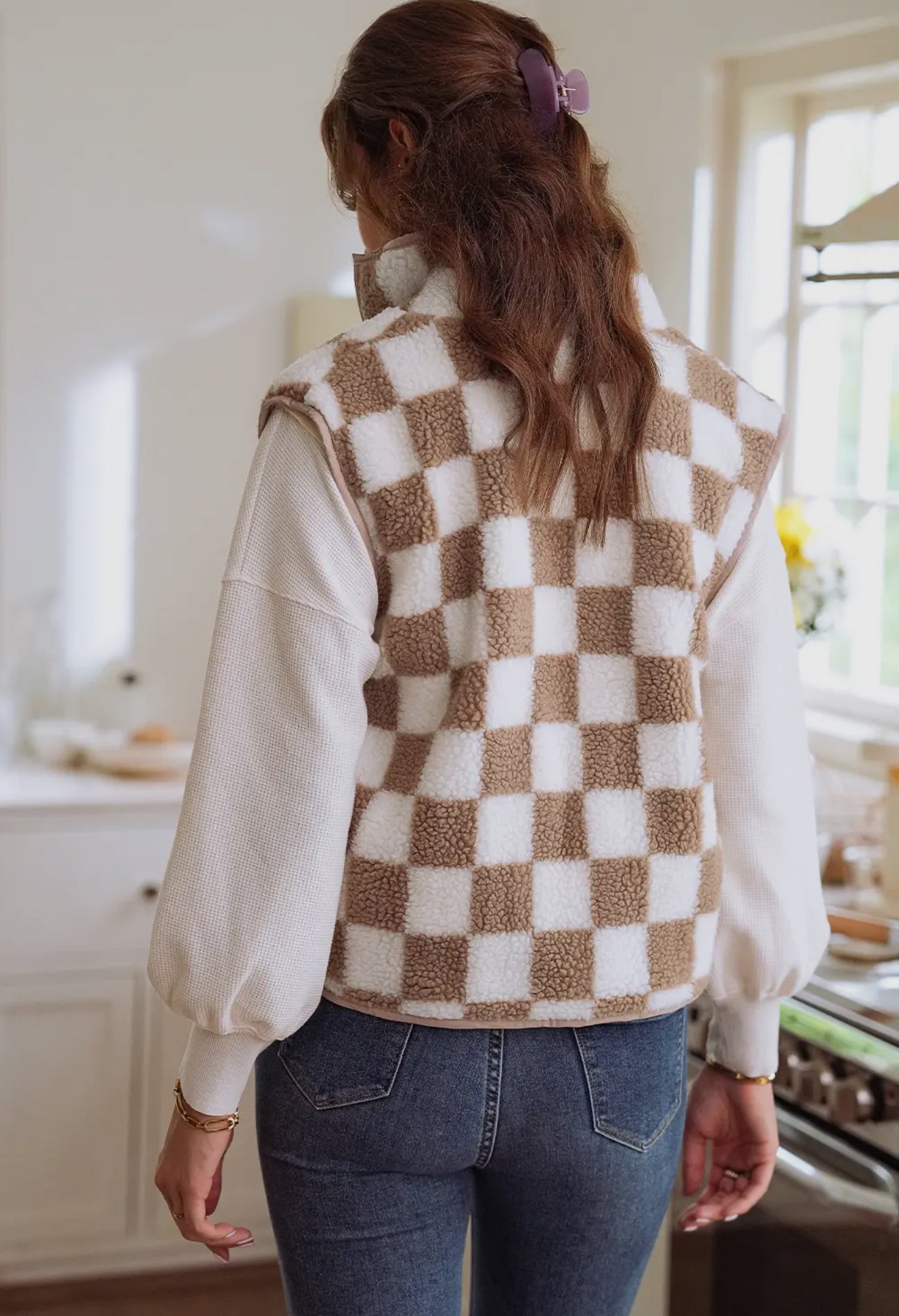 Caramel Checkered Sherpa Vest