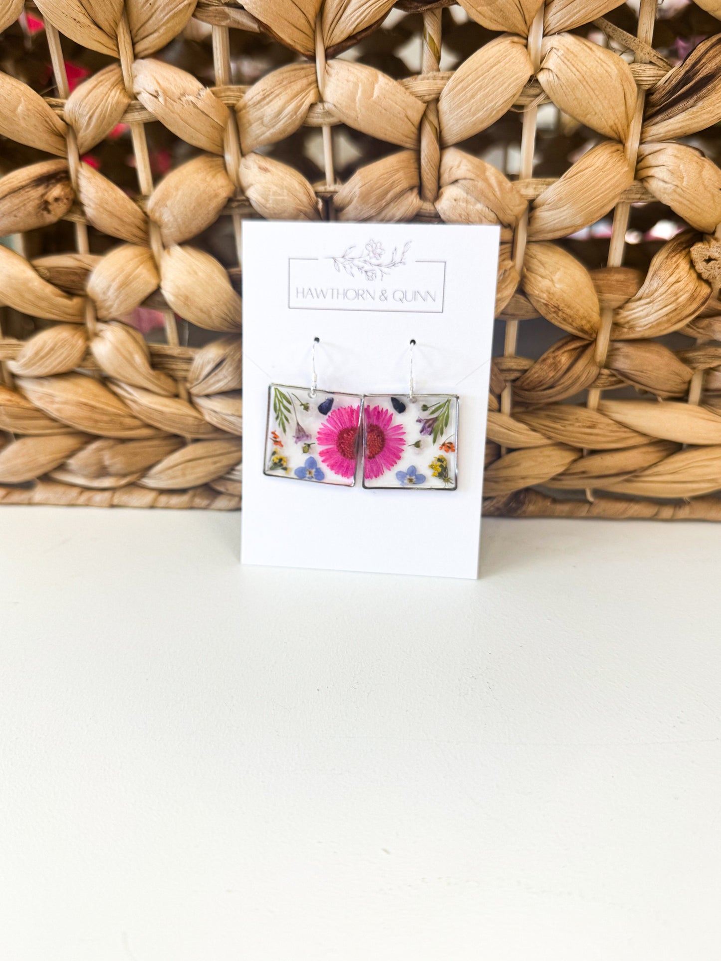 Floral Square Resin Silver Dangle Earrings