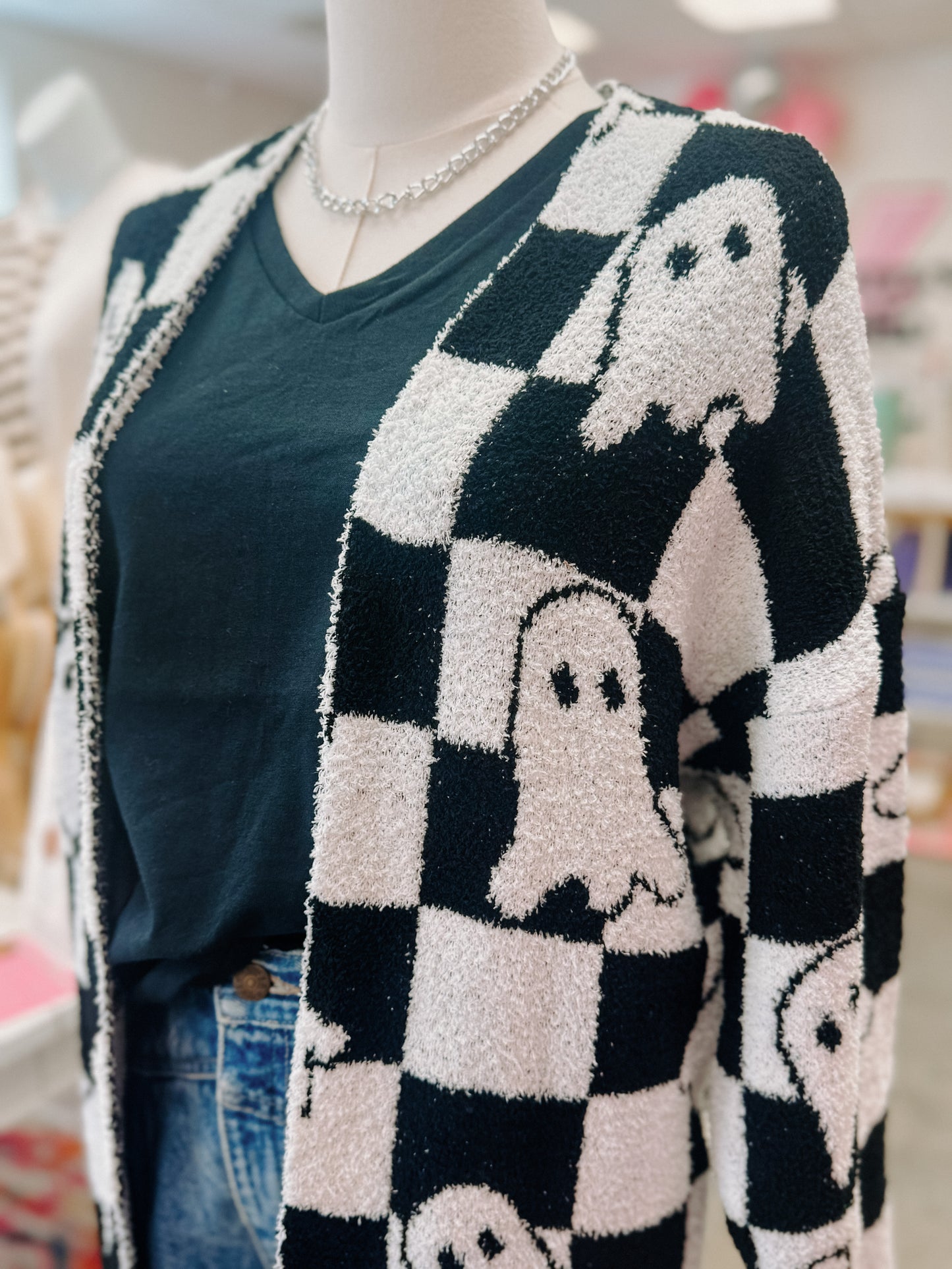 Halloween Ghost & Checkered Cardigan