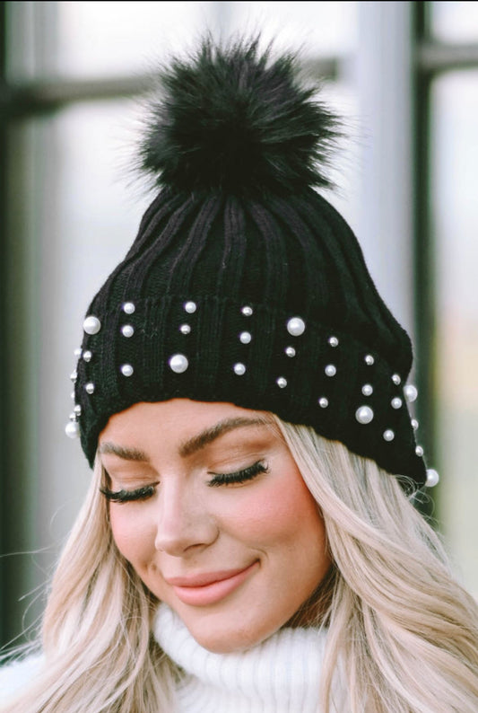 Black Pearl & Pompom Beanie