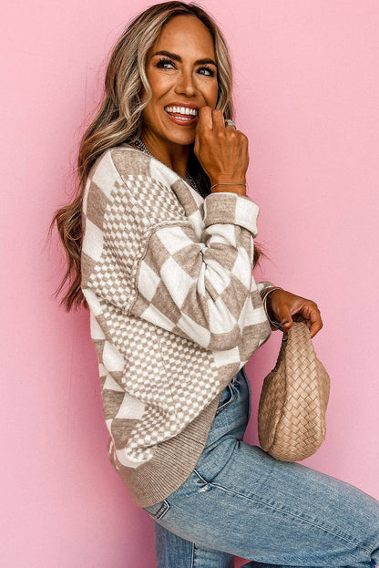 Khaki Checkered Drop Shoulder Sweater