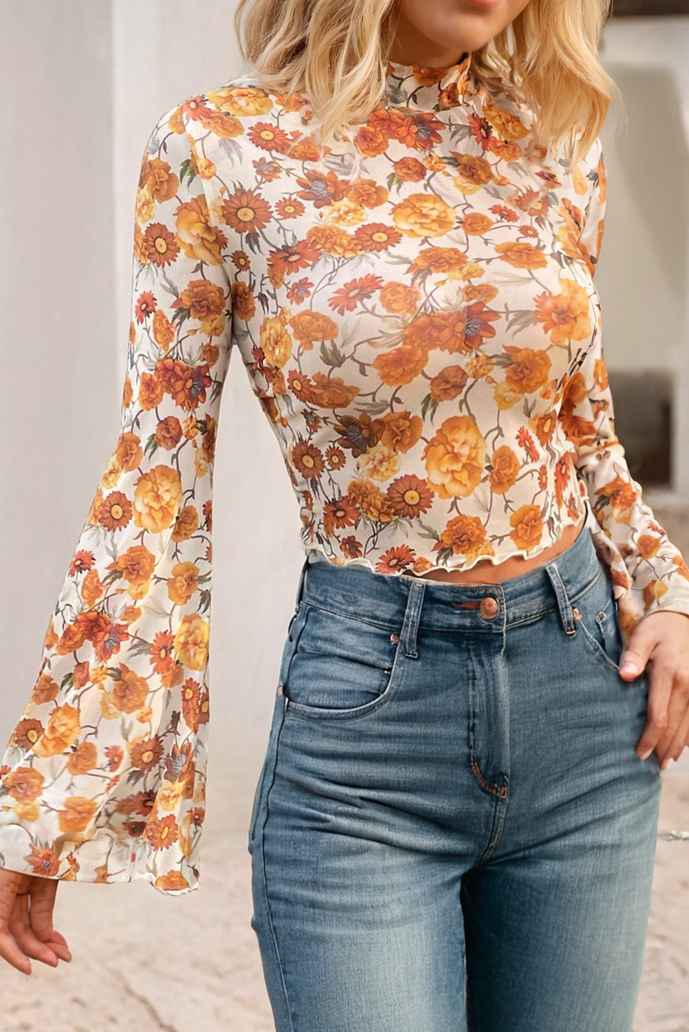 Floral Bell Sleeve Scallop Trim Blouse