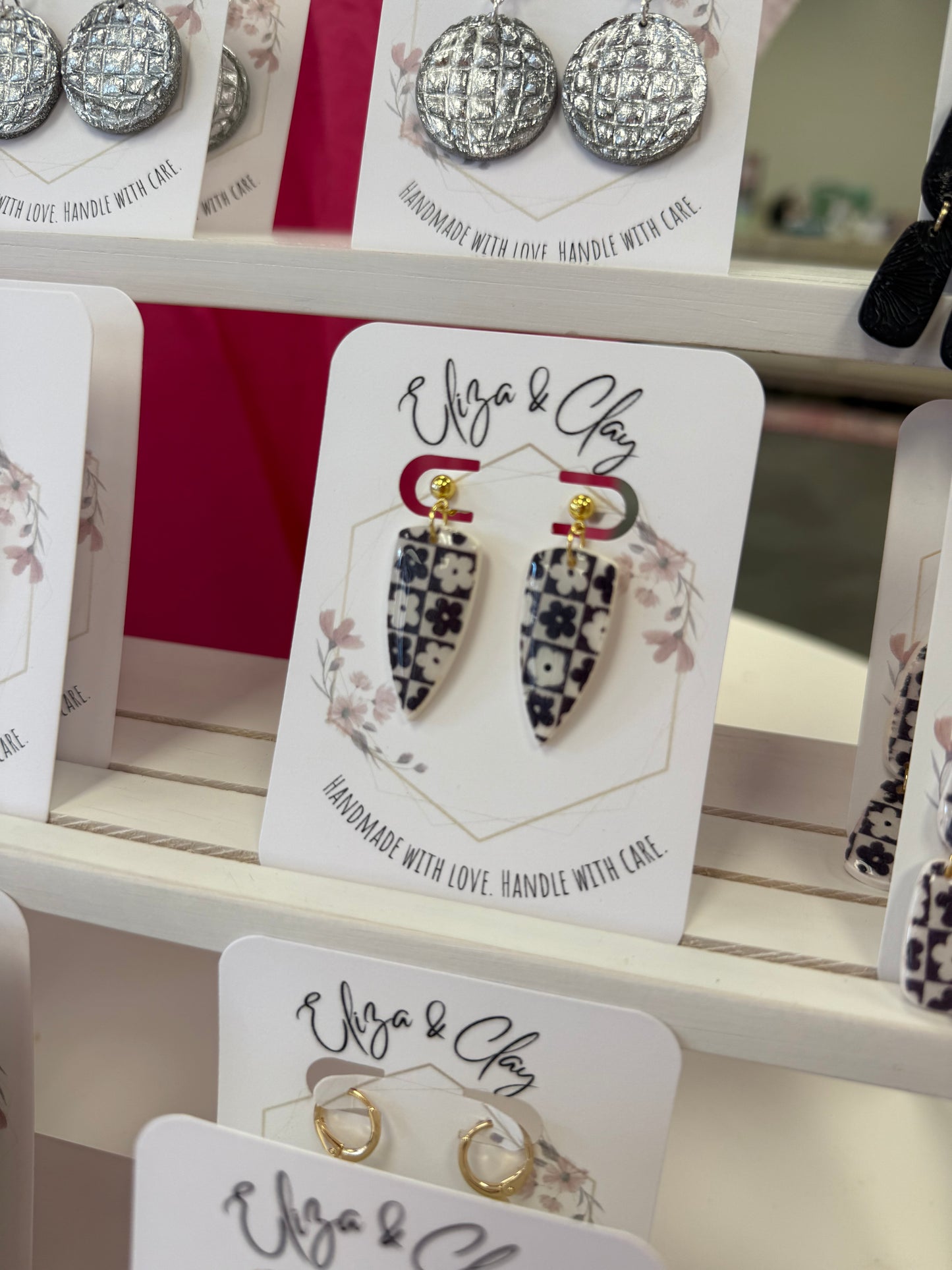 Glazed Black & White Flower Checkered Dagger Earrings