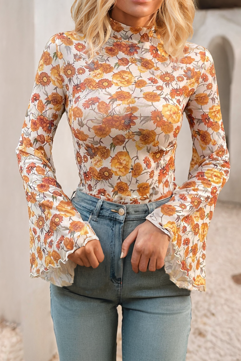 Floral Bell Sleeve Scallop Trim Blouse