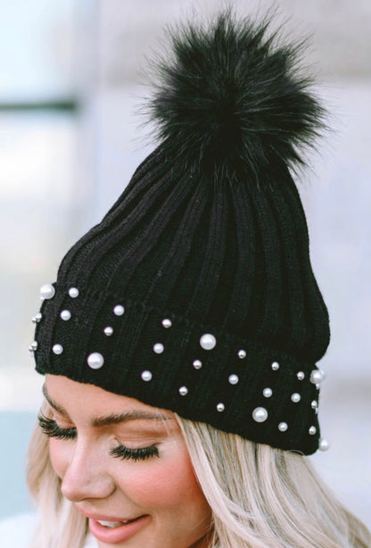 Black Pearl & Pompom Beanie