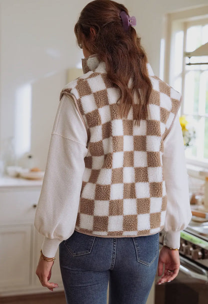 Caramel Checkered Sherpa Vest