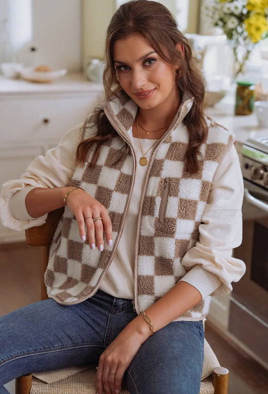 Caramel Checkered Sherpa Vest