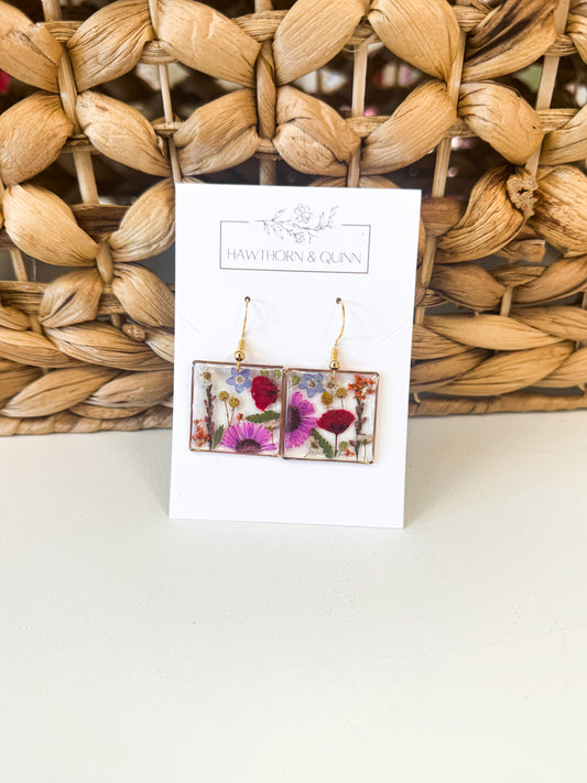Floral Square Resin Dangle Earrings