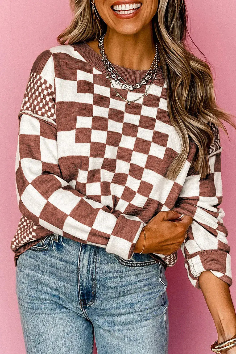 Khaki Checkered Drop Shoulder Sweater