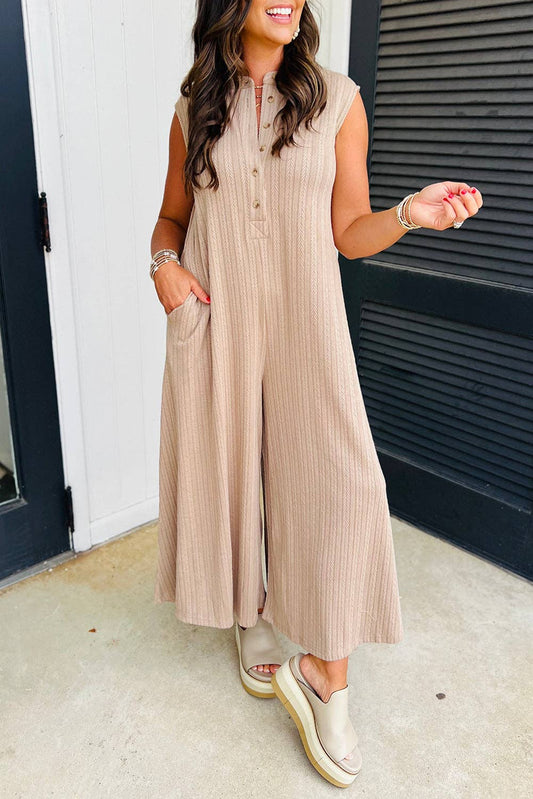 Textured Buttoned Sleeveless Summer Jumpsuit