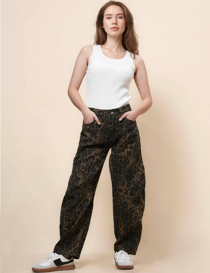 Leopard Denim Barrel Jeans