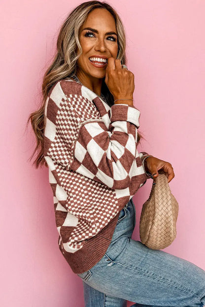 Khaki Checkered Drop Shoulder Sweater