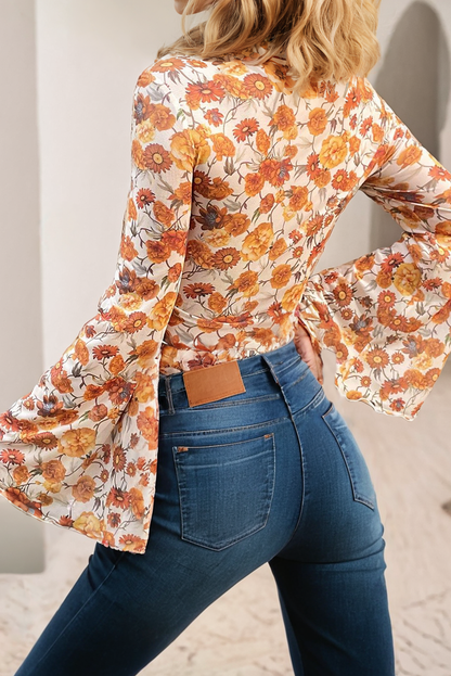 Floral Bell Sleeve Scallop Trim Blouse